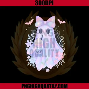Kawaii Pastel Galaxy Ghost PNG, Bubble Tea Halloween PNG, Coquette Bow PNG