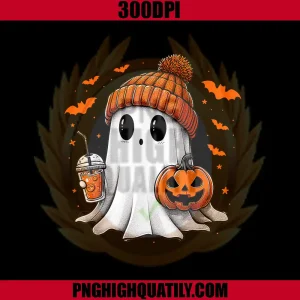 Cute Ghost Drinking Ice Coffee PNG, Halloween Pumpkin PNG