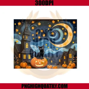 Halloween Van Gogh Starry Night PNG, Black Cat Pumpkin Vintage PNG