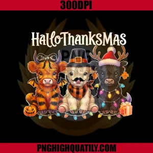 Happy Hallothanksmas Highland Cow PNG, Halloween Merry Christmas PNG