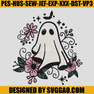 Floral Ghost Embroidery Design, Cute Ghost Embroidery Machine File