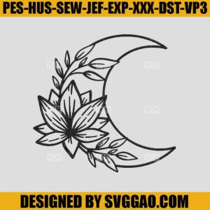 Lotus Floral Moon Embroidery Design, Boho Mystucal Luna Embroidery Machine File