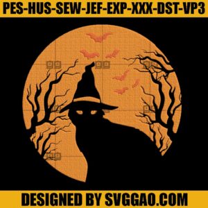 Black Cat Witch Full Moon Embroidery Design, Cat Halloween Embroidery Machine File