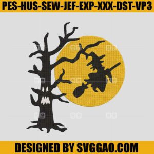 Witch Tree Halloween Embroidery Design, Witch Embroidery Machine File