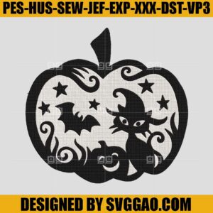 Black Cat Embroidery Design, Pumpkin Cat Embroidery Machine File
