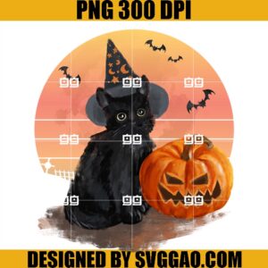 Black Cat With Pumpkin Moon And Bats PNG, Halloween Watercolor Painting PNG