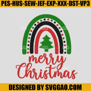 Merry Christmas Embroidery Design, Christmas Tree Rainbow Embroidery File