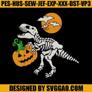 Halloween Dinosaur Embroidery Design, Dinosaur Skeleton Embroidery File