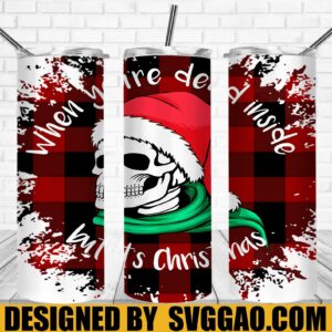 Dead Inside But It's Christmas 20oz Skinny Tumbler Template PNG, Buffalo Plaid Skull Tumbler Template PNG File Digital