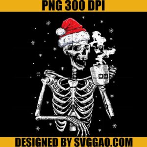 Coffee Drinking Skeleton PNG, Christmas Skull Santa Hat Xmas PNG