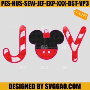 Joy Mickey Mouse Embroidery Design, Joy Candy Cane Embroidery File