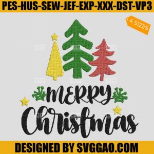Merry Christmas Embroidery Design, Xmas Tree Embroidery File