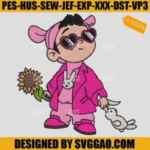Cute Bad Bunny Embroidery Design, Flower And Bad Bunny Embroidery File