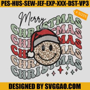 Merry Christmas Leopard Embroidery Design, Retro Christmas Embroidery Design