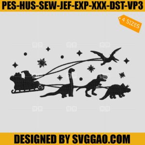Dinosaur Christmas Embroidery Design, Santa And Sleigh Embroidery Design