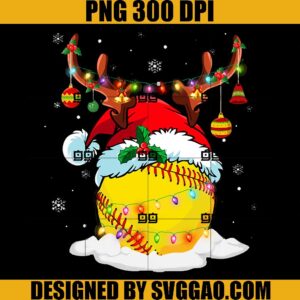 Reindeer Santa Hat Softball PNG, Christmas Lights Baseball PNG, Xmas Sport PNG