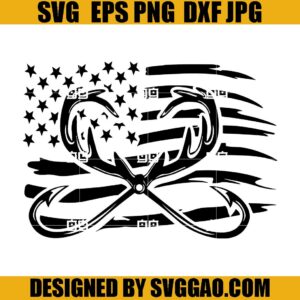 US Flag Deer Fish Hunting SVG, Fishing Hook SVG, Boho Antler SVG