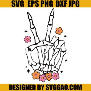 Groovy Hand Skeleton SVG, Retro Halloween SVG, Skelton Peace Sign SVG