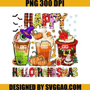 Happy Hallothanksmas PNG, Coffee Halloween Thanksgiving Christmas PNG