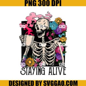 Retro Groovy Skeleton Staying Alive PNG, Coffee Halloween PNG, Skeleton Cooffe Flower PNG