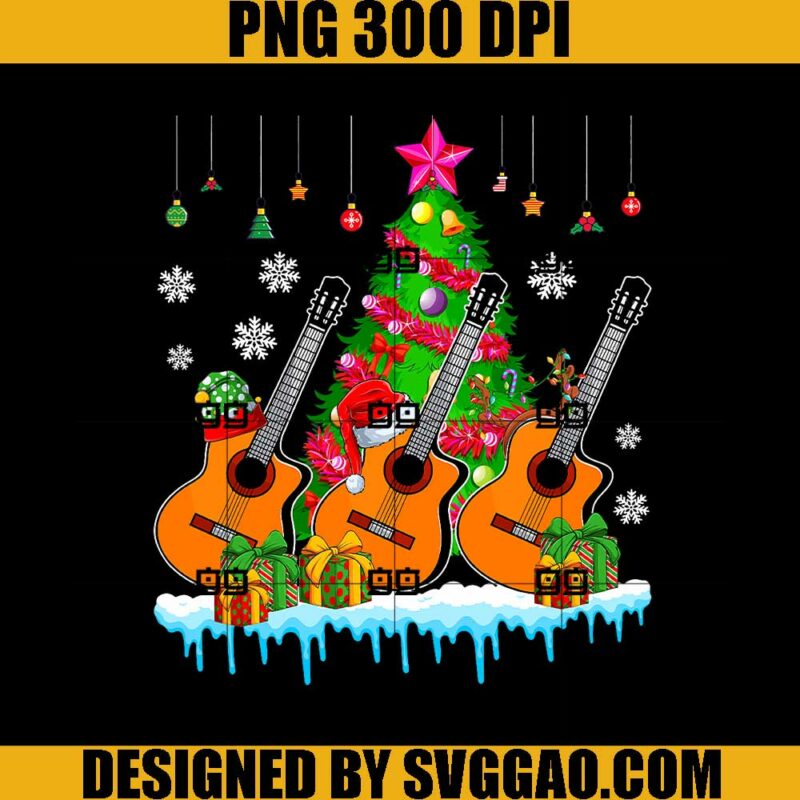 Three Santa Reindeer Elf Guitars PNG, Xmas Tree PNG, Guitars Christmas PNG