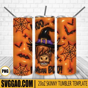 I Mean Boo 3D Puff 20oz Tumbler Wrap PNG, Cow Witch Halloween Tumbler Template PNG