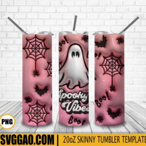 Spooky Vibes 3D Puff 20oz Tumbler Wrap PNG, Ghost Boo Halloween Tumbler Template PNG