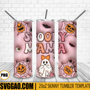 Spooky Mama 3D Puff 20oz Tumbler Wrap PNG, One Spooky Mama Tumbler Template PNG