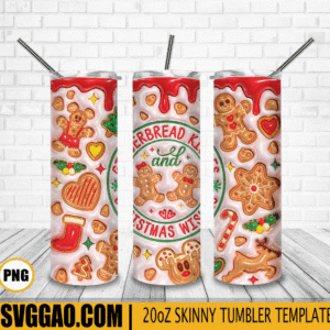 Gingerbread Kisses Christmas Wishes 3D Puff 20oz Tumbler Wrap PNG, Ginger Bread Tumbler Template PNG