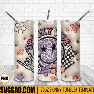 Spooky Vibes Leopard Smiley 3D Puff 20oz Tumbler Wrap PNG, Spooky Smiley Tumbler Template PNG