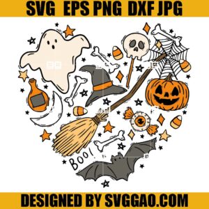 Halloween Doodles Heart SVG, Halloween Ghost Heart SVG, Halloween SVG