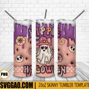 Hippie Halloween 3D Puff 20oz Tumbler Wrap PNG File, Retro Hippie Halloween Tumbler Template PNG