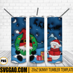 Santa Claus Snowman 3D Puff 20oz Tumbler Wrap PNG File, Christmas Tumbler Template PNG