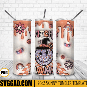 Witchy Mama 3D Puff 20oz Tumbler Wrap PNG File, Retro Halloween Tumbler Template PNG