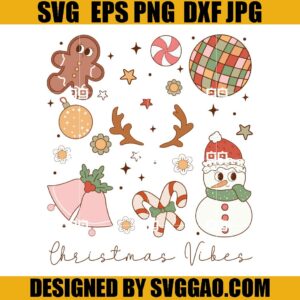 Christmas Vibes Retro Groovy SVG, Candy Gingerbread Snowman Ornaments SVG