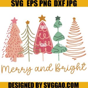 Merry And Bright SVG, Retro Christmas Tree SVG, Pink Christmas Tree SVG