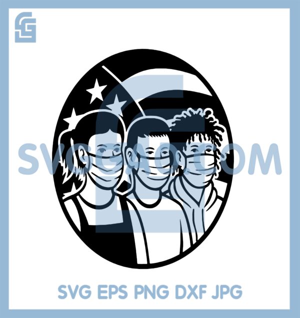American Mask Svg, American Children of Different Race Wearing Face Mask Circle Retro Black and White Svg