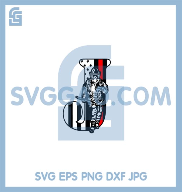 Firefighter Initial Letter J Svg, Fireman Distressed American Flag Svg
