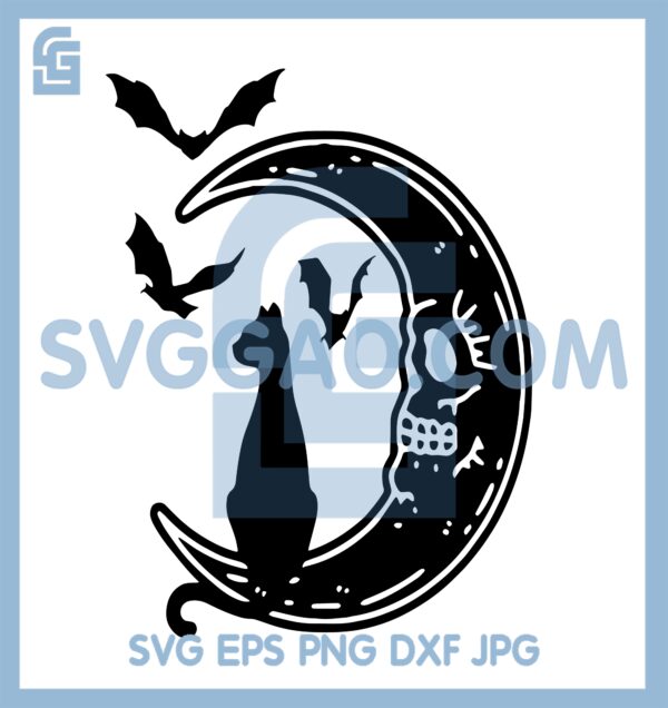 Black Cat Skull Moon Svg, Bats Mystical Spooky Witch Svg, Cat Halloween Svg
