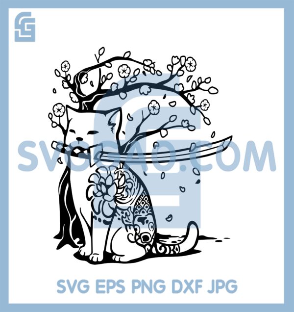 Cat Samurai Svg, Cat Sword Svg, Samurai Cat Under Sakura Cherry Blossom Svg