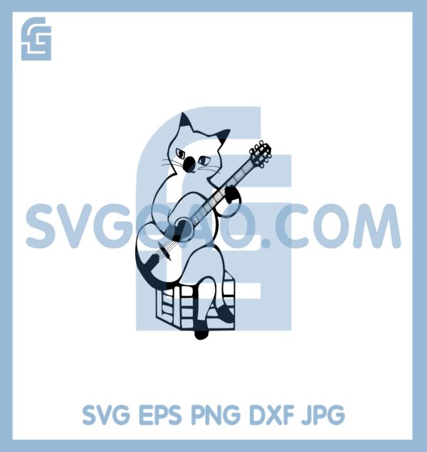 Guitar Cat Playing Music Svg, Cartoon Domestic Cat Sitting Legs Crossed Svg