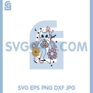 Floral Cat Ghost Hugs Pumpkin Svg, Halloween Ghost Png Svg, Hippie Halloween Floral Svg