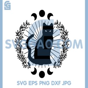 Floral Black Cat SVG, Witch Cat Moon Phase SVG, Mystical Flowers Cat SVG