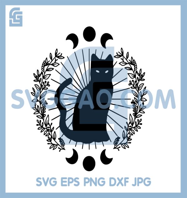 Floral Black Cat SVG, Witch Cat Moon Phase SVG, Mystical Flowers Cat SVG