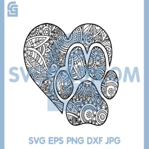 Heart Paw Print Zentangle Svg, Love Dog Mandala Svg, Love Dog Paw SVG
