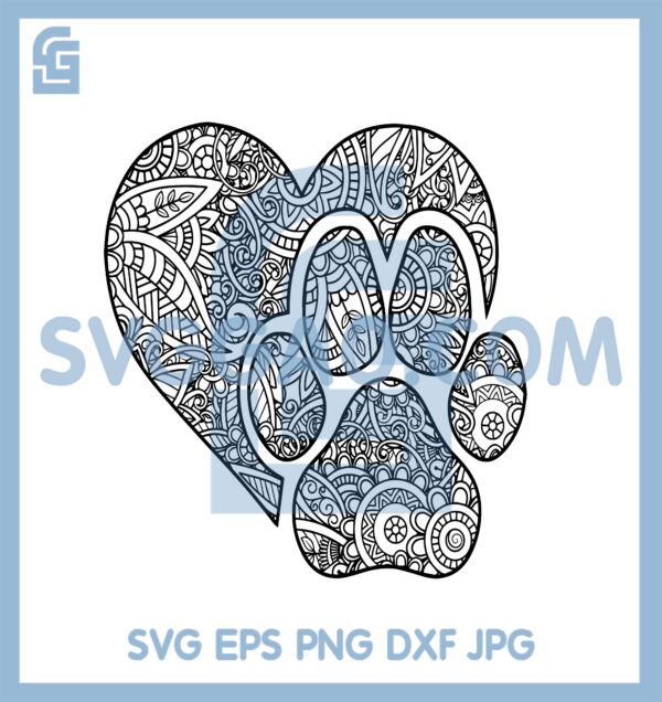 Heart Paw Print Zentangle Svg, Love Dog Mandala Svg, Love Dog Paw SVG