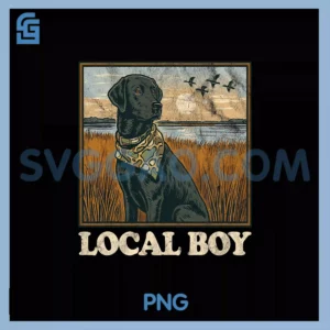 Local Boy PNG, Black Lab Hunting Dog Marsh Scene Sunset Vintage PNG