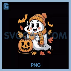 Cute Ghost Drinking Coffee PNG, Halloween Ghost Ice Coffee PNG