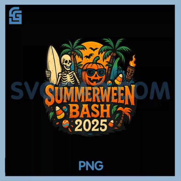 SummerWeen Bash 2025 PNG, Skeleton Beach Party Halloween Vibes PNG