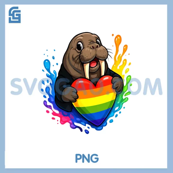 Walrus Holding Heart Rainbow PNG, Flag Proud LGBT Supporter Lover PNG